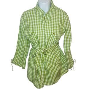 Tory Burch Lime Green Button Down Belted Gingham Cotton Shirt Tie Sleeve 6